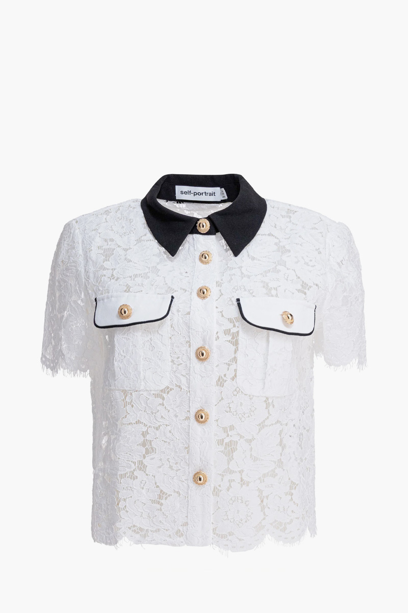 SELF-PORTRAIT Women Lace Contrast Collar Top in White Nylon  0