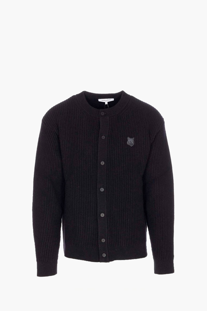 MAISON KITSUNE Men Fox Head Ribbed Cardigan in Black Wool 0