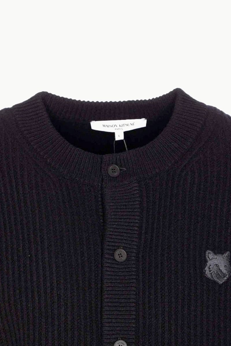 MAISON KITSUNE Men Fox Head Ribbed Cardigan in Black Wool 2