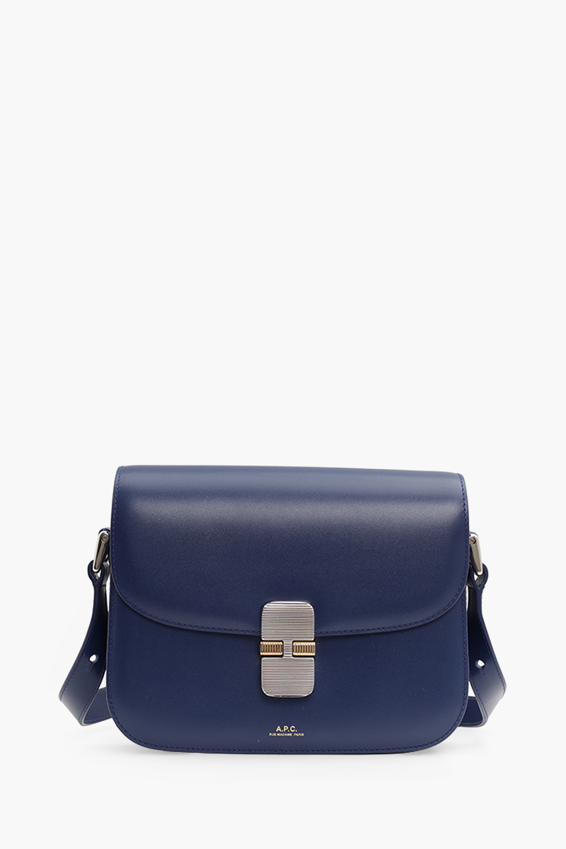 A.P.C Small Grace Shoulder Bag in Midnight Blue Smooth Leather with Striped Clasp 0