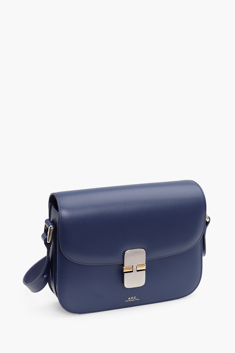 A.P.C Small Grace Shoulder Bag in Midnight Blue Smooth Leather with Striped Clasp 2