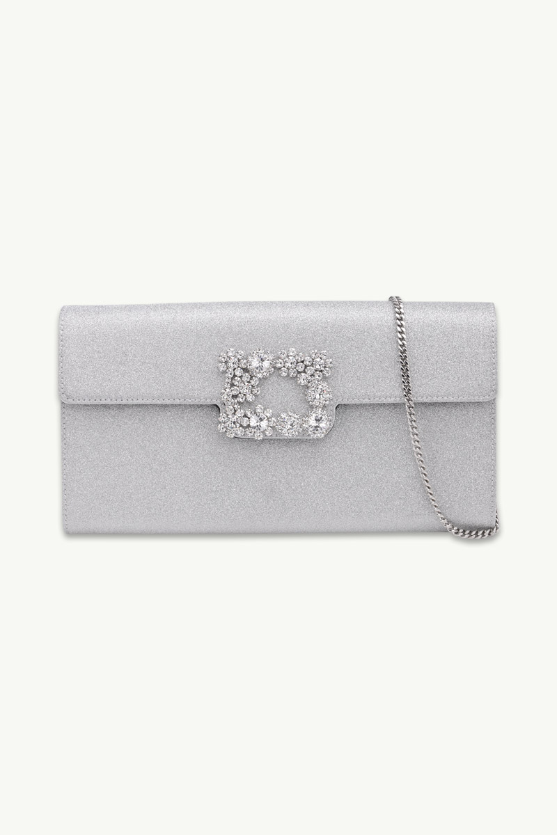 ROGER VIVIER Flower Strass Buckle Clutch in Silver Glitter Fabrics 0