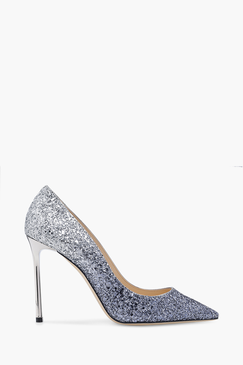 JIMMY CHOO Romy Pumps 100mm in Glittered Navy/Silver 0