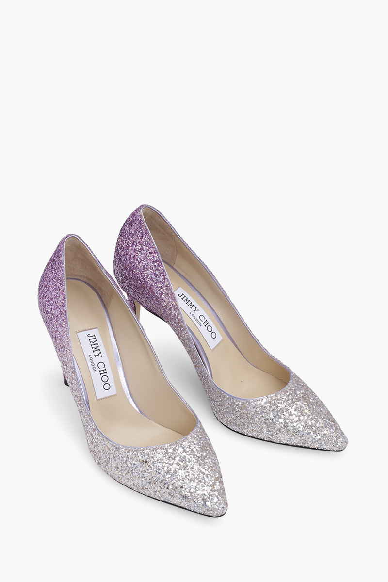 JIMMY CHOO Romy Pumps 85mm Glittered in Champagne/Pink Violet 1