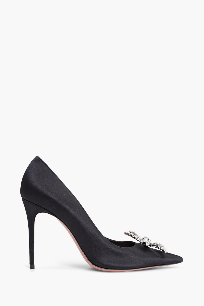 AMINA MUADDI Women Rosie Pumps 95mm in Black Satin with Crystal Bow 0