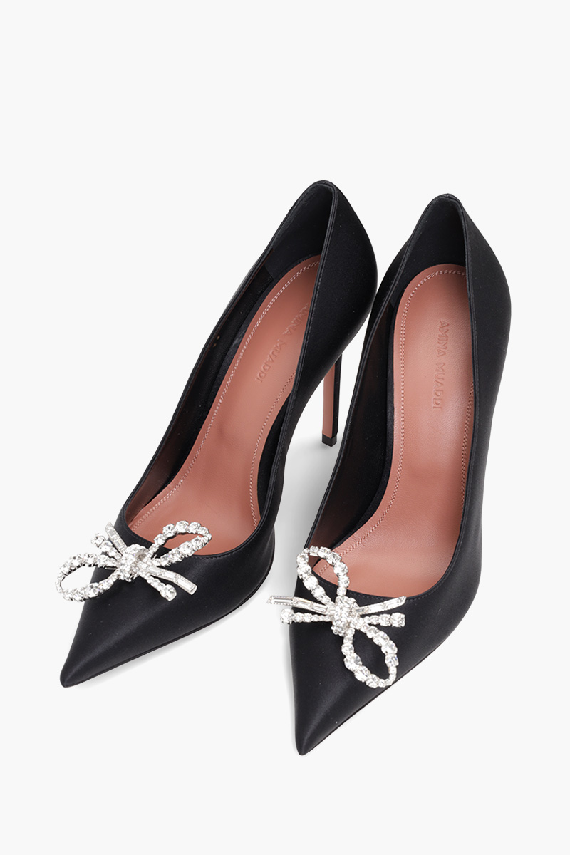 AMINA MUADDI Women Rosie Pumps 95mm in Black Satin with Crystal Bow 1