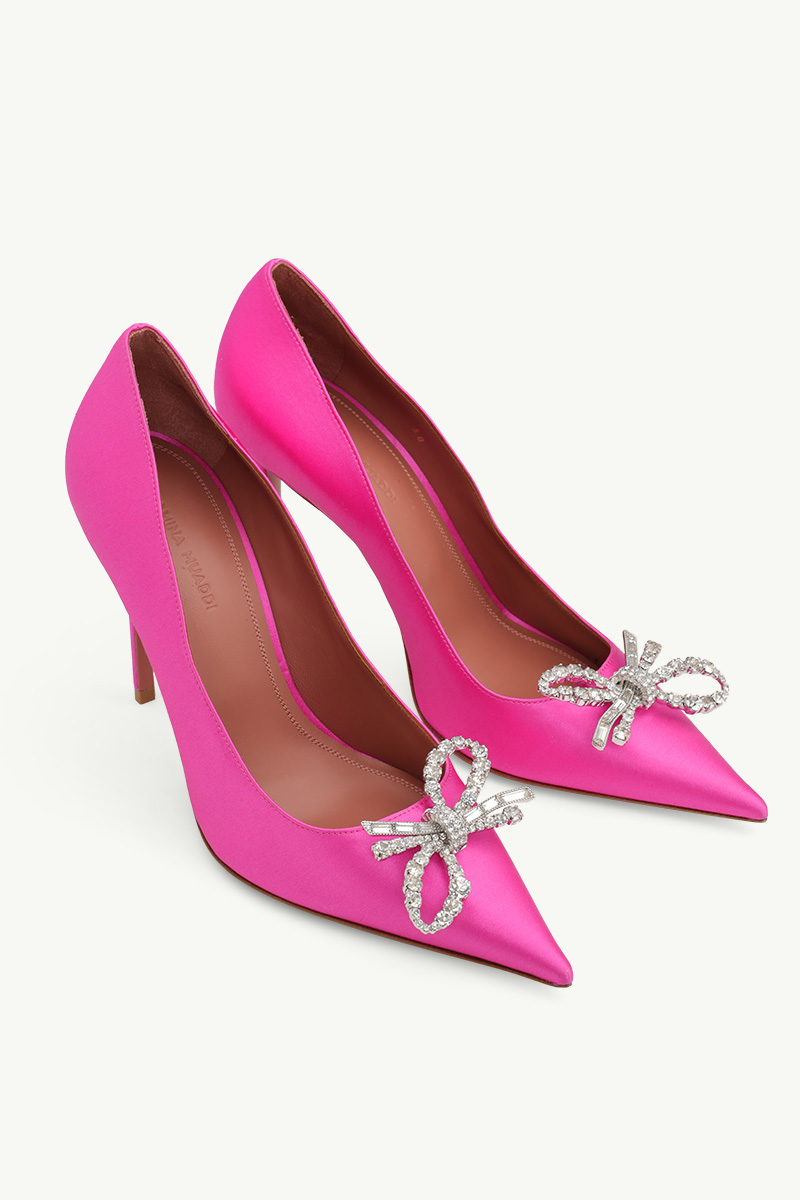 AMINA MUADDI Women Rosie Pumps 95mm in Cyclamen Satin with Crystal Bow 1