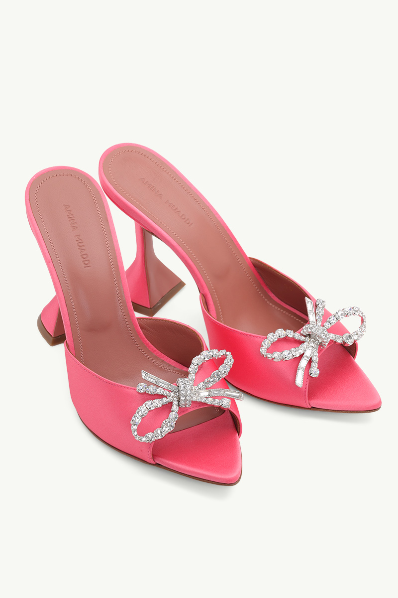 AMINA MUADDI Woven Rosie Slipper Sandals 95mm in Bubble Pink Satin 1