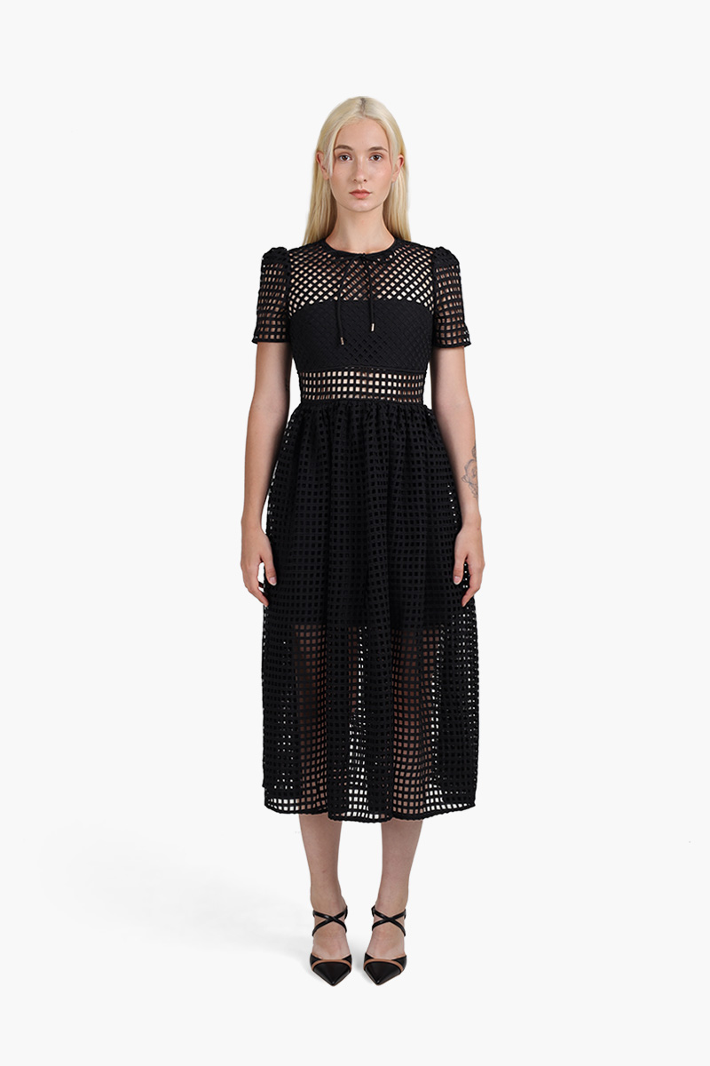 SELF-PORTRAIT Women Grid Lace Midi Dress in Black 0