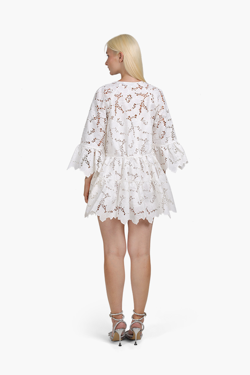 SELF-PORTRAIT Women Cotton Lace Wide Sleeve Mini Dress in White 1