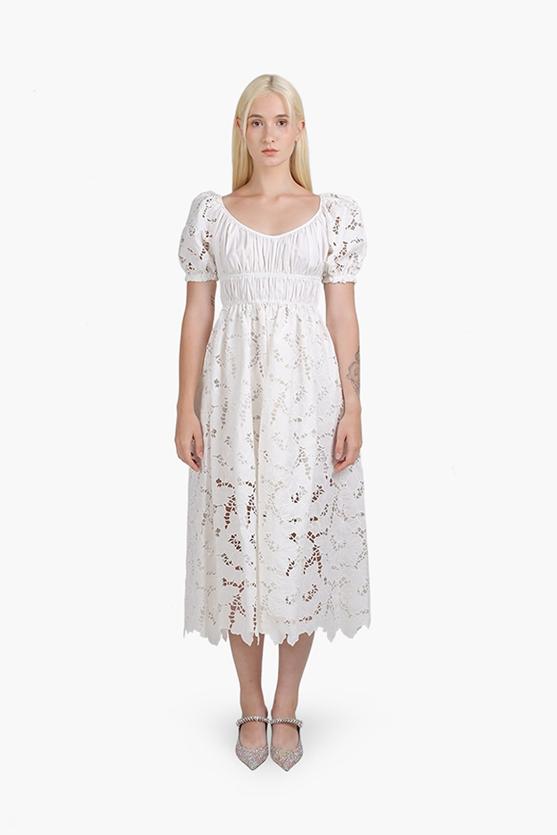 SELF-PORTRAIT Women Cotton Lace Mide Dress in White 0