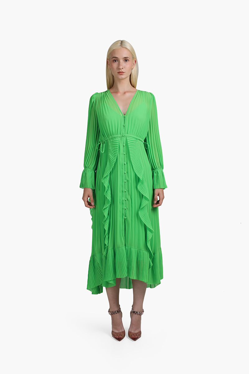 SELF-PORTRAIT Women Chiffon Ruffle Midi Dress in Green 0