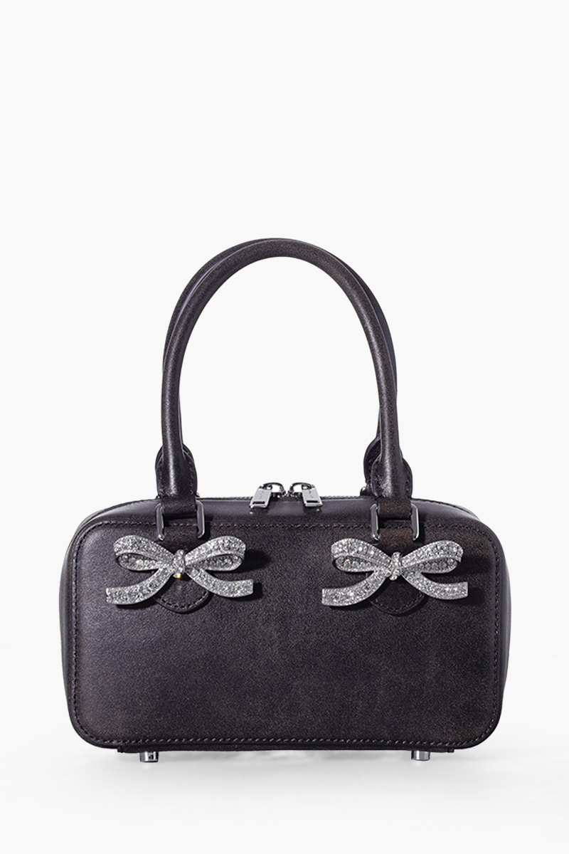 SELF-PORTRAIT Mini Diamanté Bows Tote Bag in Black Metallic Bovine Leather 0
