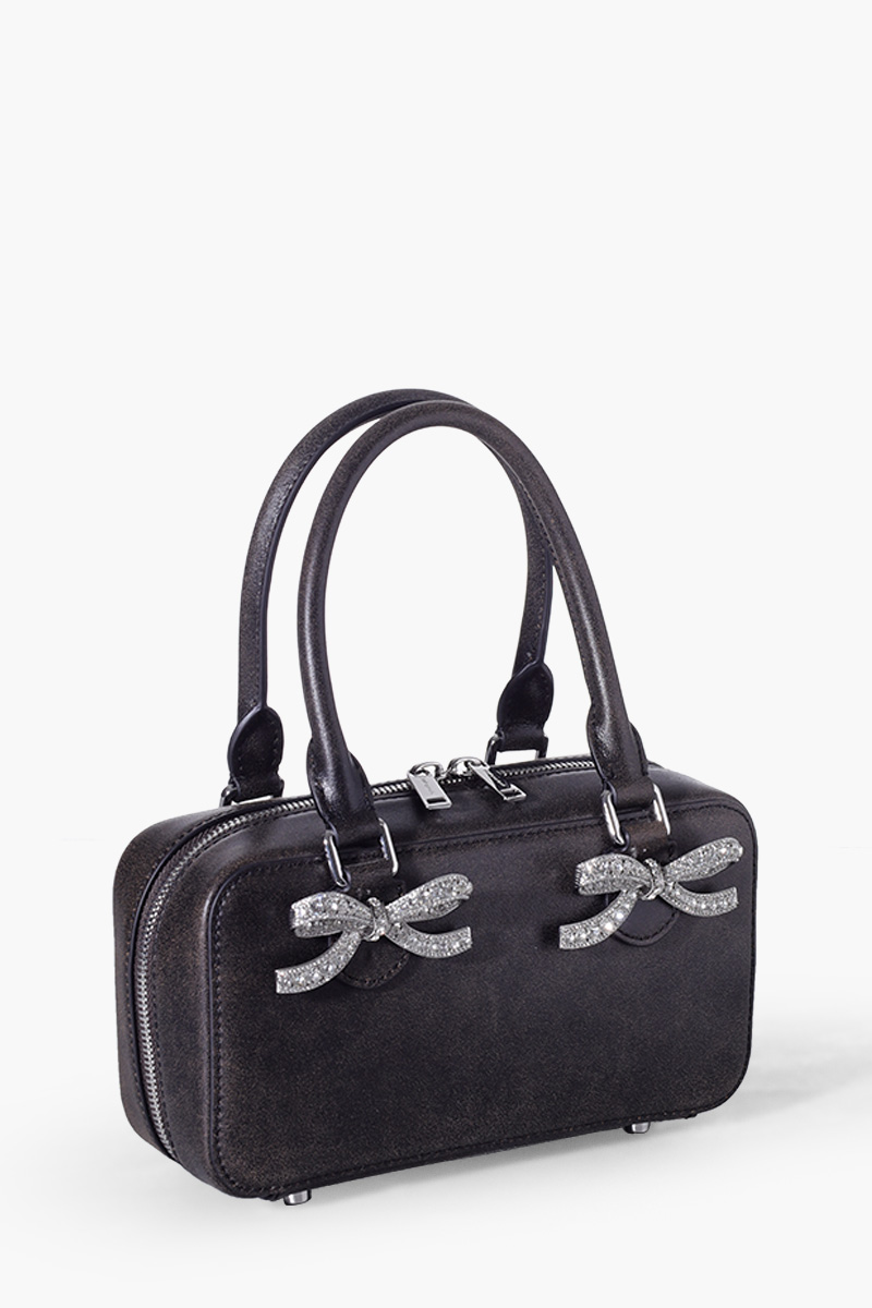 SELF-PORTRAIT Mini Diamanté Bows Tote Bag in Black Metallic Bovine Leather 2