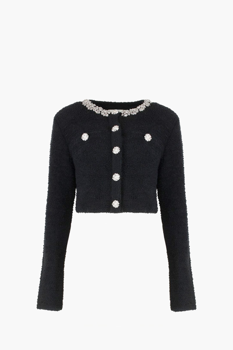 SELF-PORTRAIT Women Crystal Trim Cardigan in Black Polycotton 0