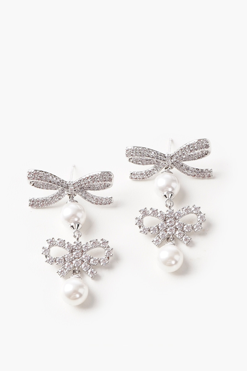 SELF-PORTRAIT Double Bow Pearl Earrings in Silver Brass Faux Pearl 0