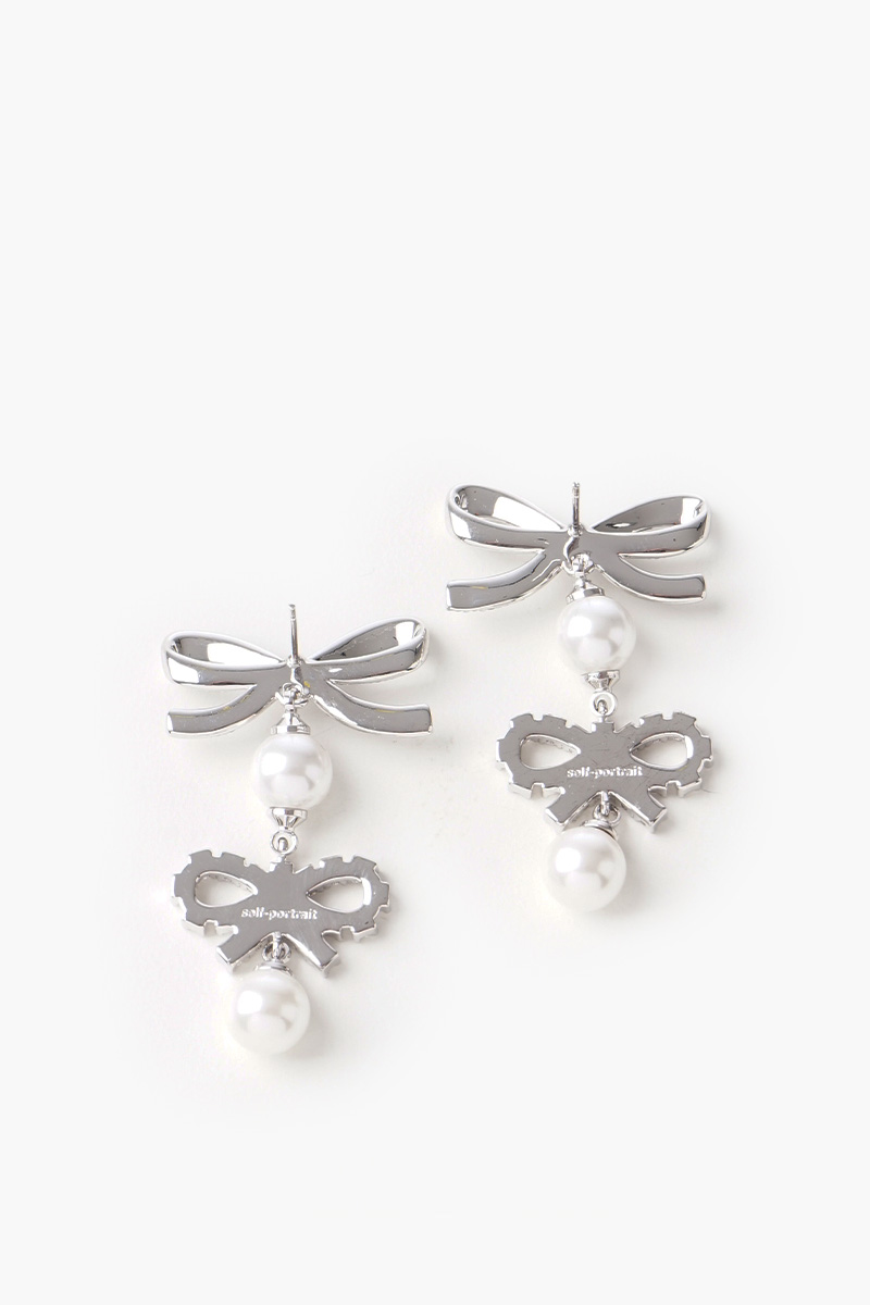 SELF-PORTRAIT Double Bow Pearl Earrings in Silver Brass Faux Pearl 1