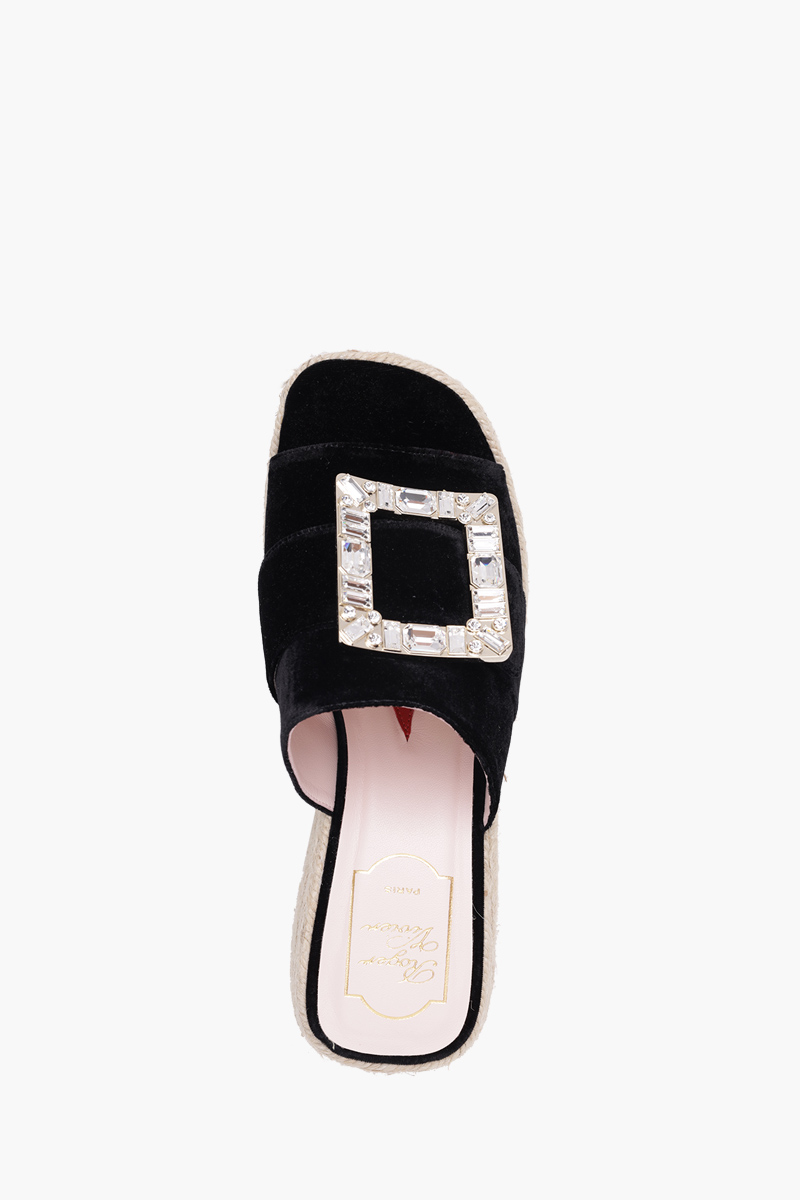 ROGER VIVIER Strass Vivier Buckle Espadrille Platform 85mm Mules in Black Velvet 3