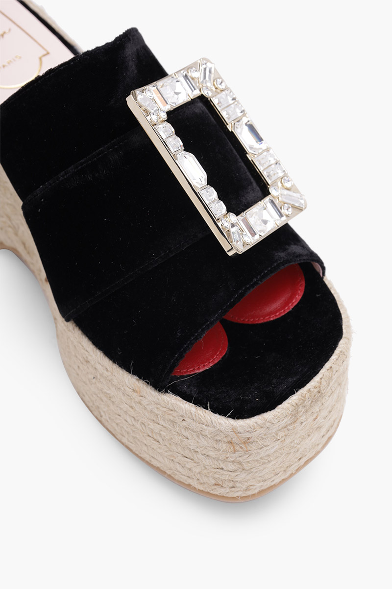 ROGER VIVIER Strass Vivier Buckle Espadrille Platform 85mm Mules in Black Velvet 4