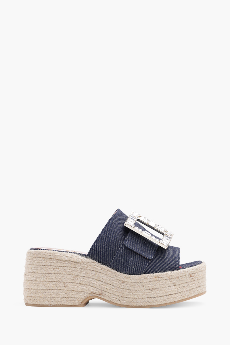 ROGER VIVIER Strass Vivier Buckle Espadrille Platform 85mm Mules in Blue Denim 0