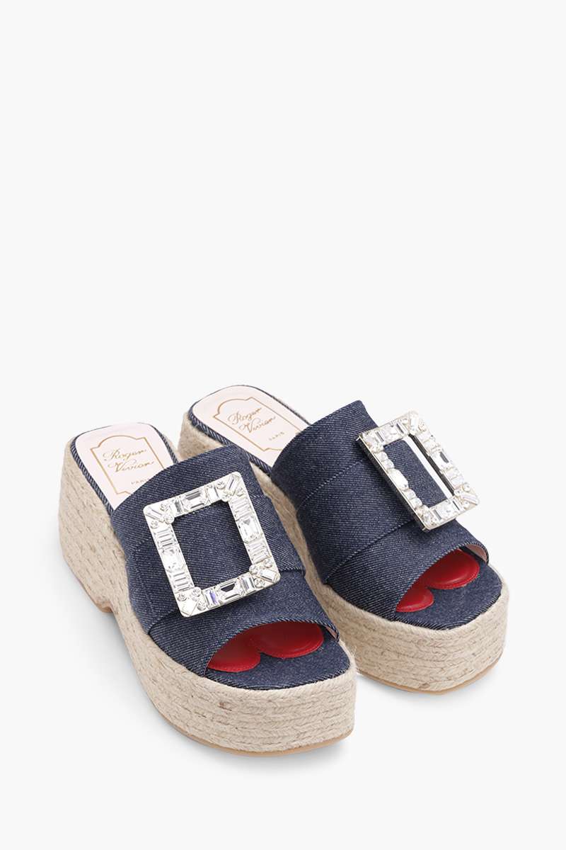 ROGER VIVIER Strass Vivier Buckle Espadrille Platform 85mm Mules in Blue Denim 1