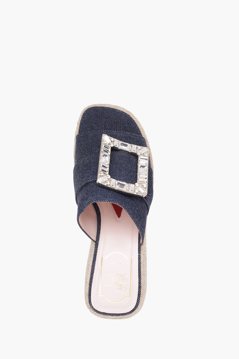 ROGER VIVIER Strass Vivier Buckle Espadrille Platform 85mm Mules in Blue Denim 3