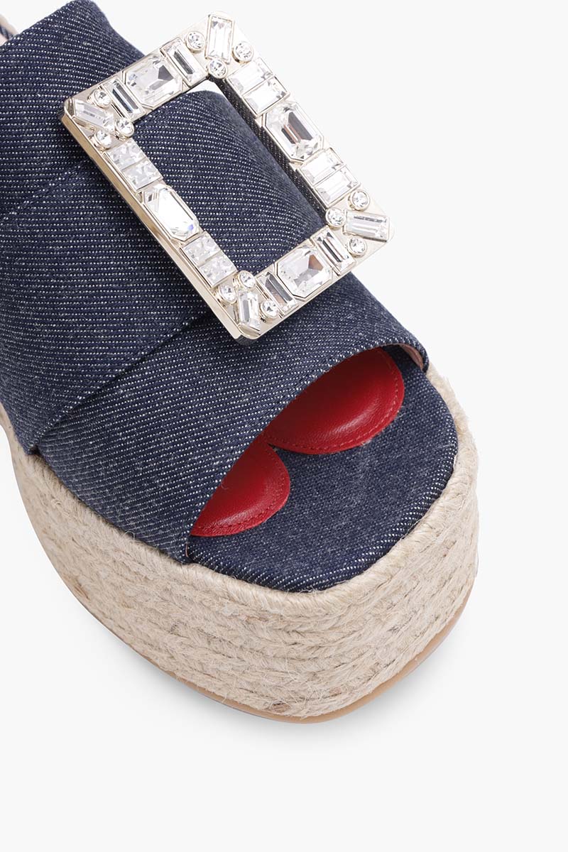 ROGER VIVIER Strass Vivier Buckle Espadrille Platform 85mm Mules in Blue Denim 4