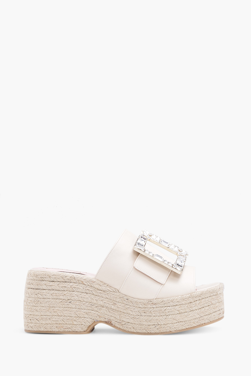 ROGER VIVIER Strass Vivier Buckle Espadrille Platform 85mm Mules in Off White Soft Leather 0