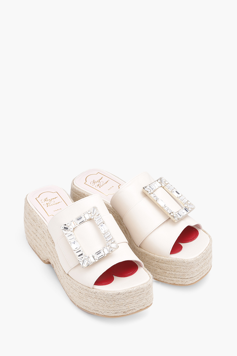 ROGER VIVIER Strass Vivier Buckle Espadrille Platform 85mm Mules in Off White Soft Leather 1