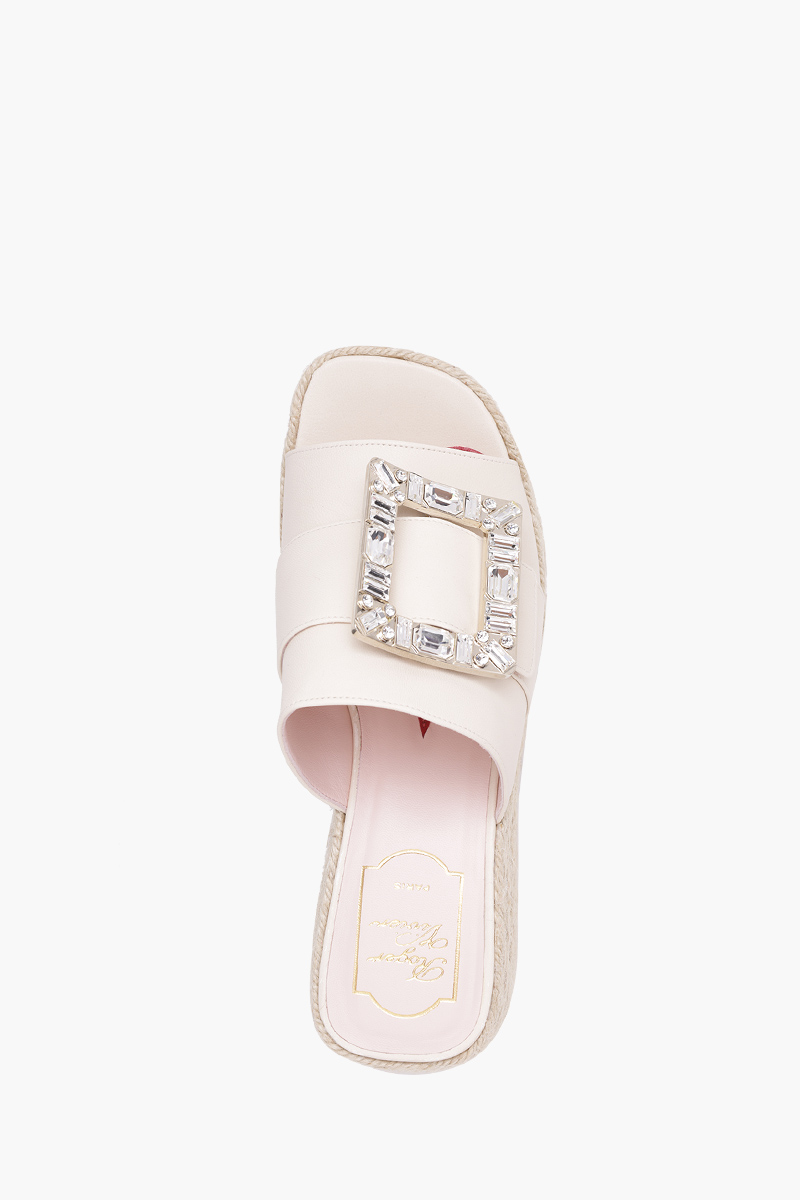 ROGER VIVIER Strass Vivier Buckle Espadrille Platform 85mm Mules in Off White Soft Leather 3