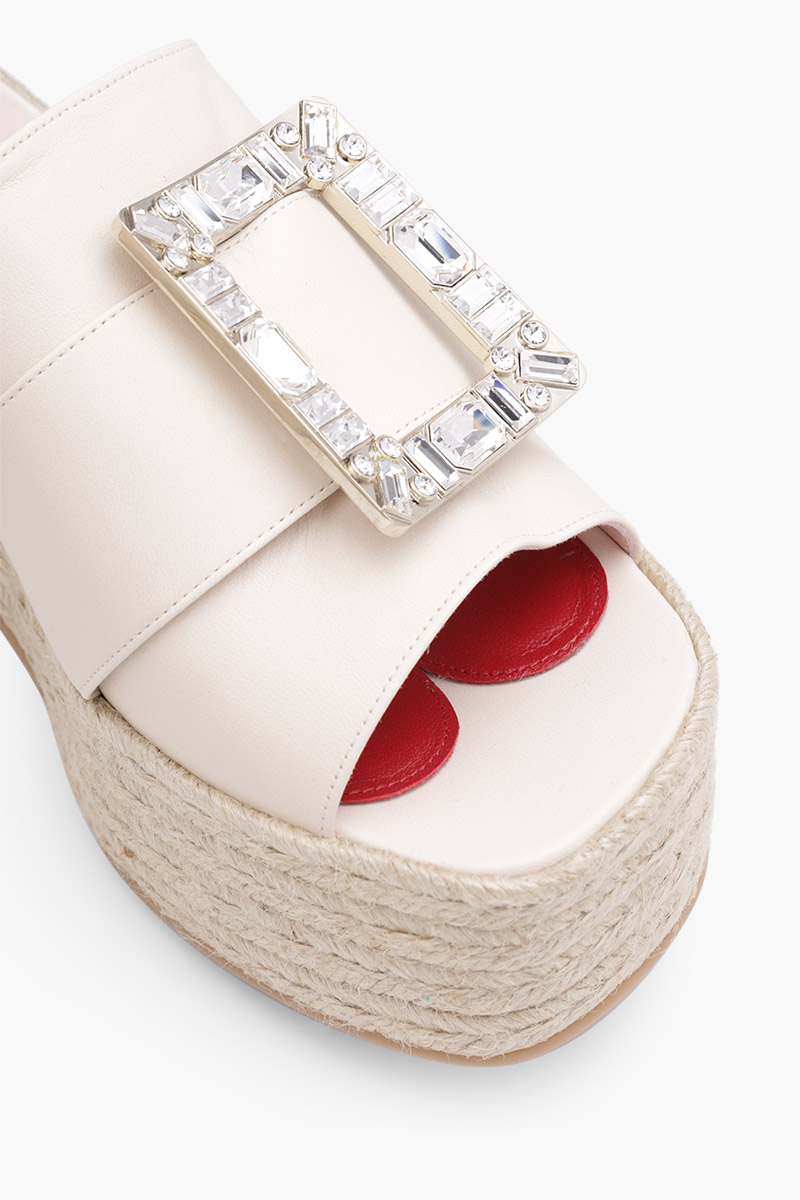 ROGER VIVIER Strass Vivier Buckle Espadrille Platform 85mm Mules in Off White Soft Leather 4