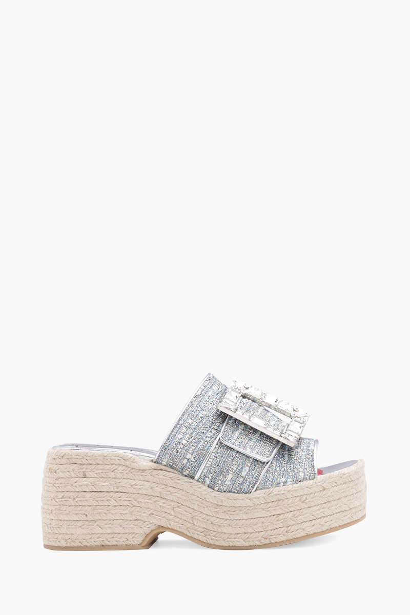 ROGER VIVIER Strass Vivier Buckle Espadrille Platform Mules in Light Blue Fabrics 0