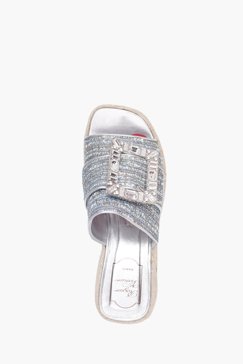 ROGER VIVIER Strass Vivier Buckle Espadrille Platform Mules in Light Blue Fabrics 3