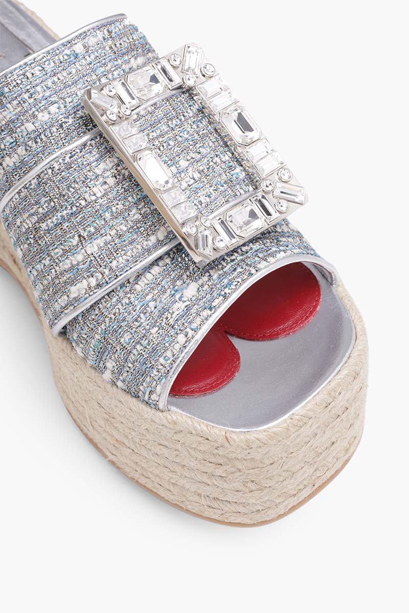 ROGER VIVIER Strass Vivier Buckle Espadrille Platform Mules in Light Blue Fabrics 4