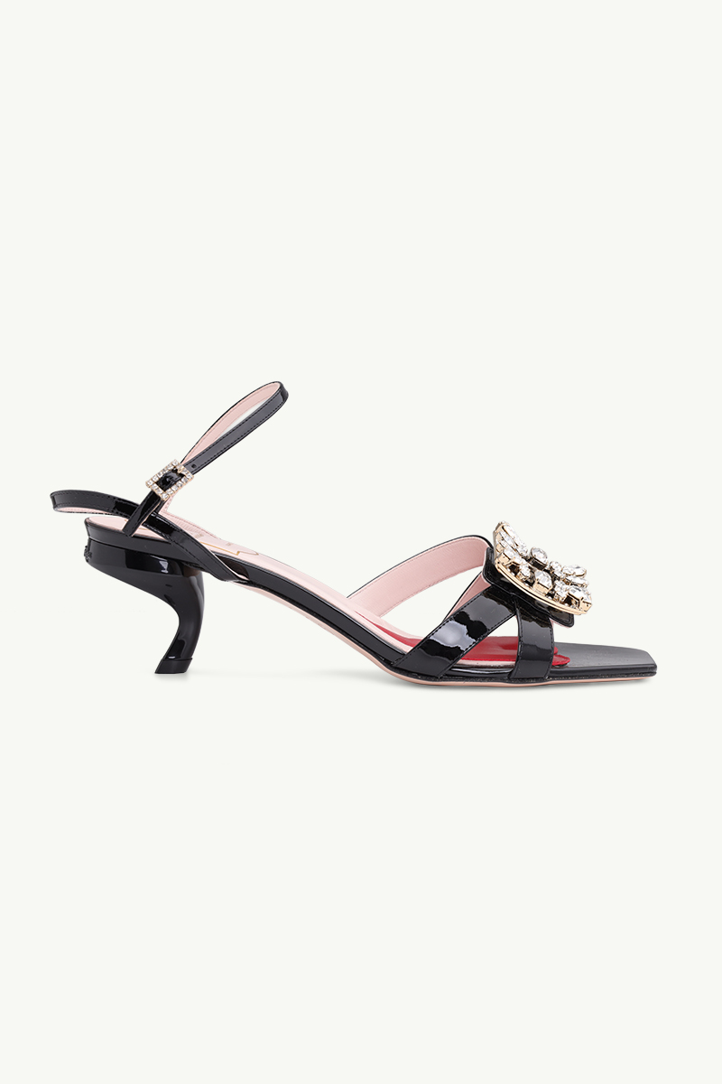 ROGER VIVIER Virgule Mini Broche Vivier Crystal Buckle Sandals 55mm in Black Patent Leather 0