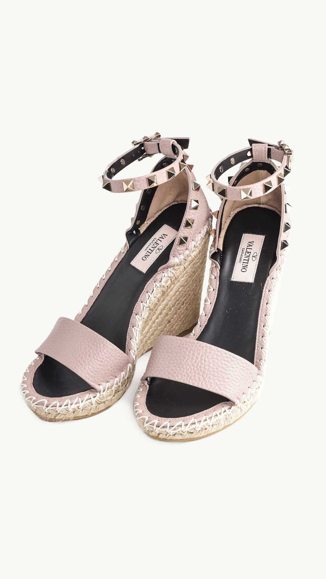 VALENTINO Rockstud Double Wedge Sandals 95mm in Nude Poudre Grained 1