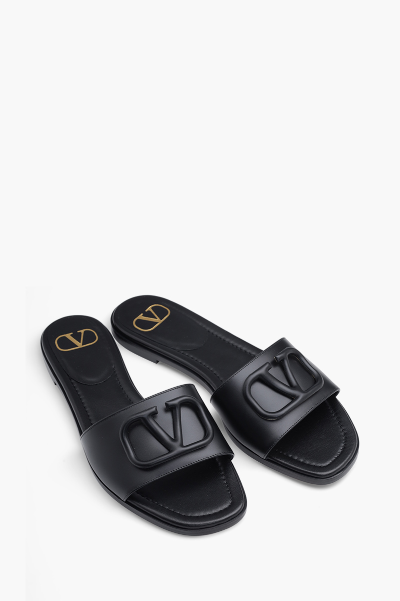 VALENTINO VLogo Signature Slides Sandals in All Black Calf 1