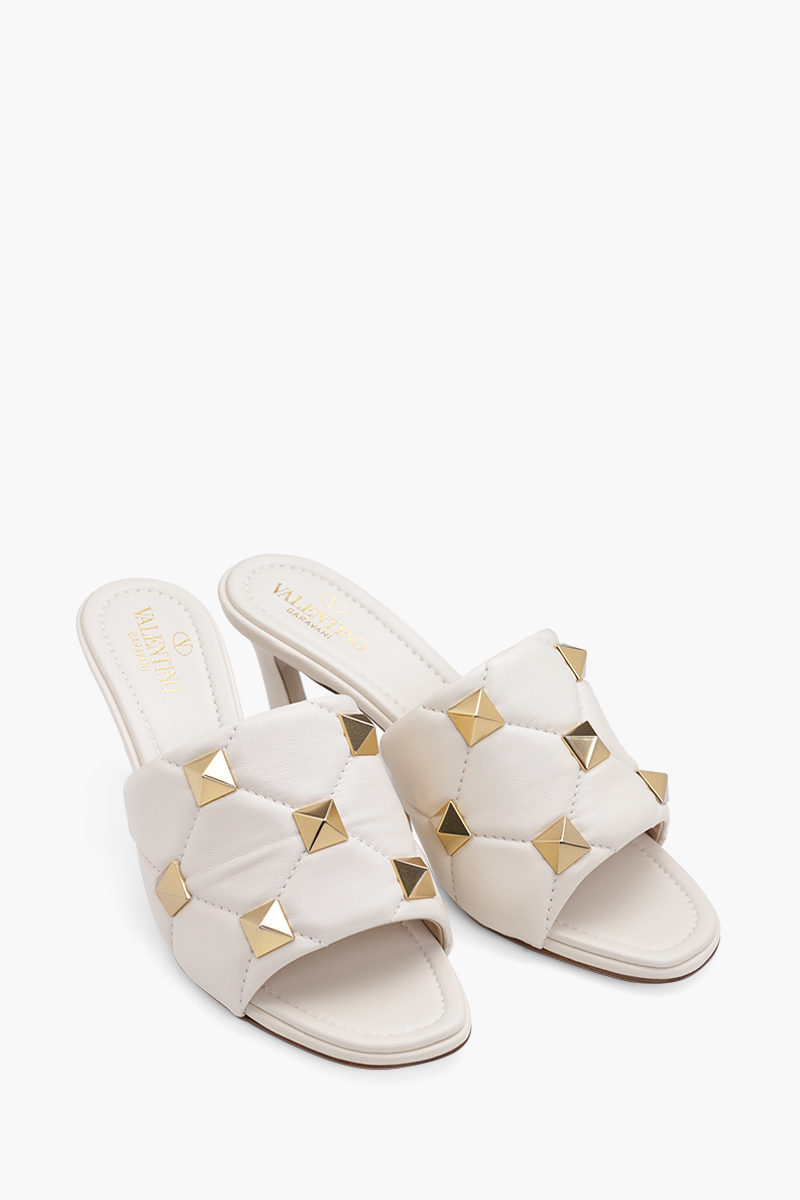 VALENTINO Roman Stud Slide Sandal 65mm in Light Ivory Quilted Nappa 1