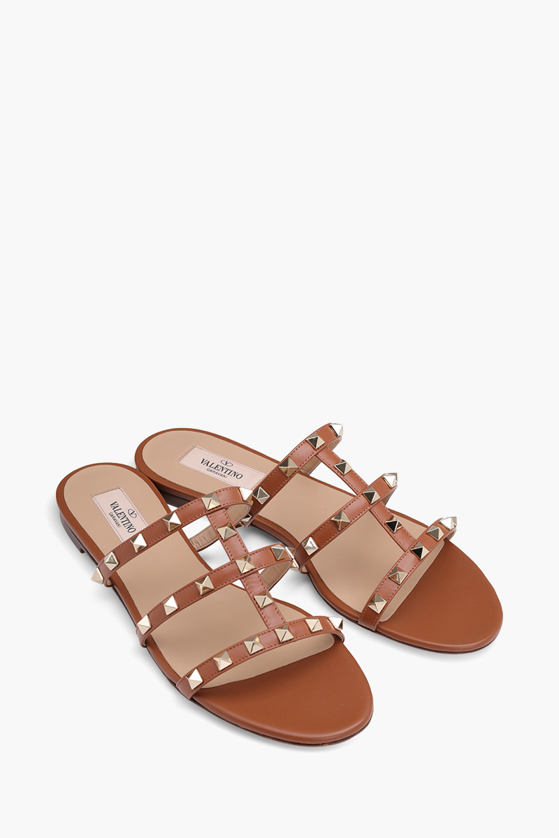 VALENTINO Rockstud Strappy Slides in Saddle Brown 1