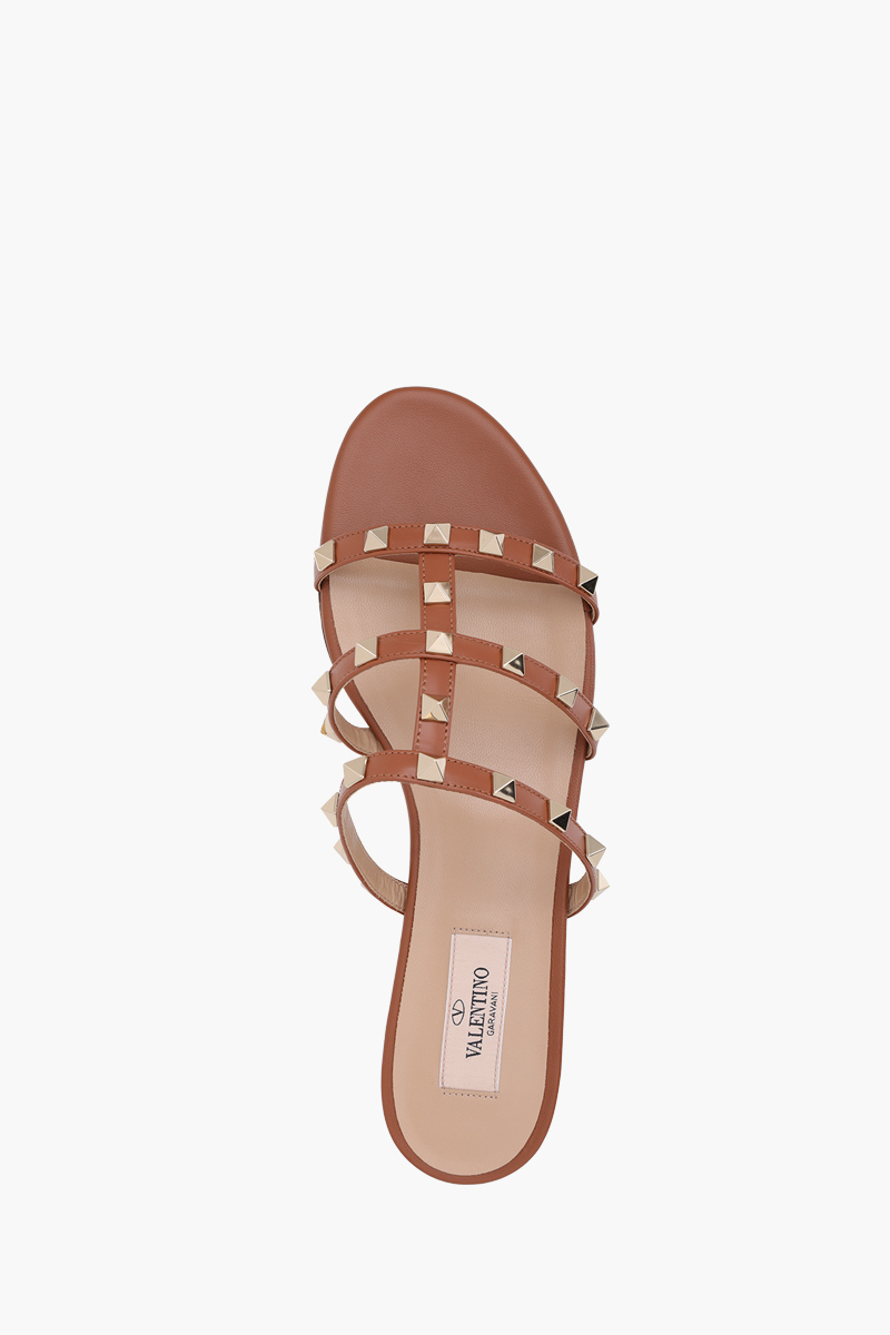 VALENTINO Rockstud Strappy Slides in Saddle Brown 3