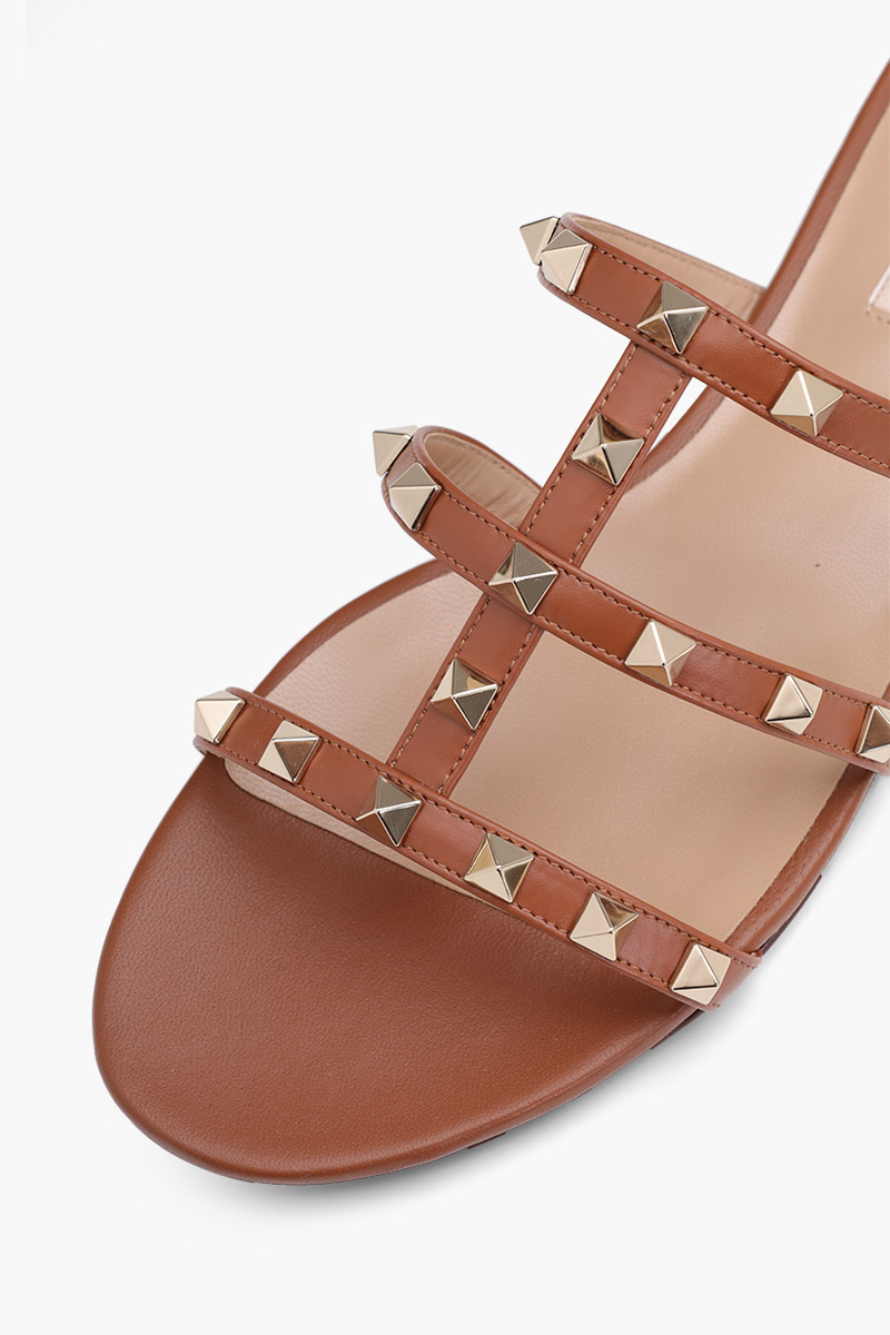 VALENTINO Rockstud Strappy Slides in Saddle Brown 4