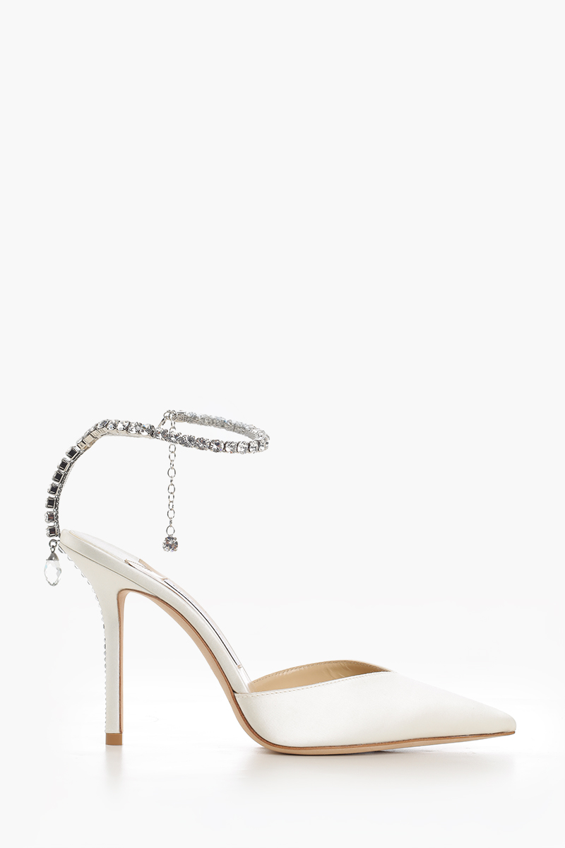 JIMMY CHOO Saeda Ankle Crystal Strap Heels 100mm in Ivory/Crystal Satin 0