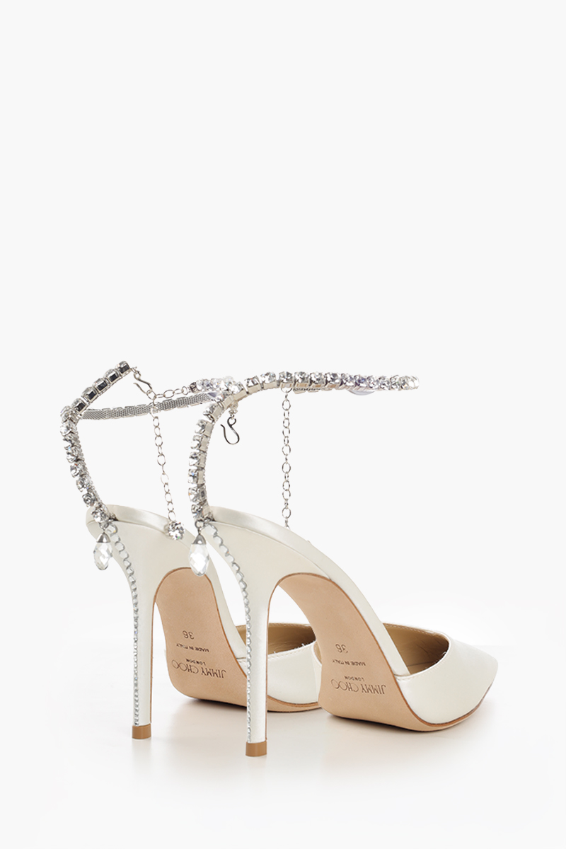 JIMMY CHOO Saeda Ankle Crystal Strap Heels 100mm in Ivory/Crystal Satin 1