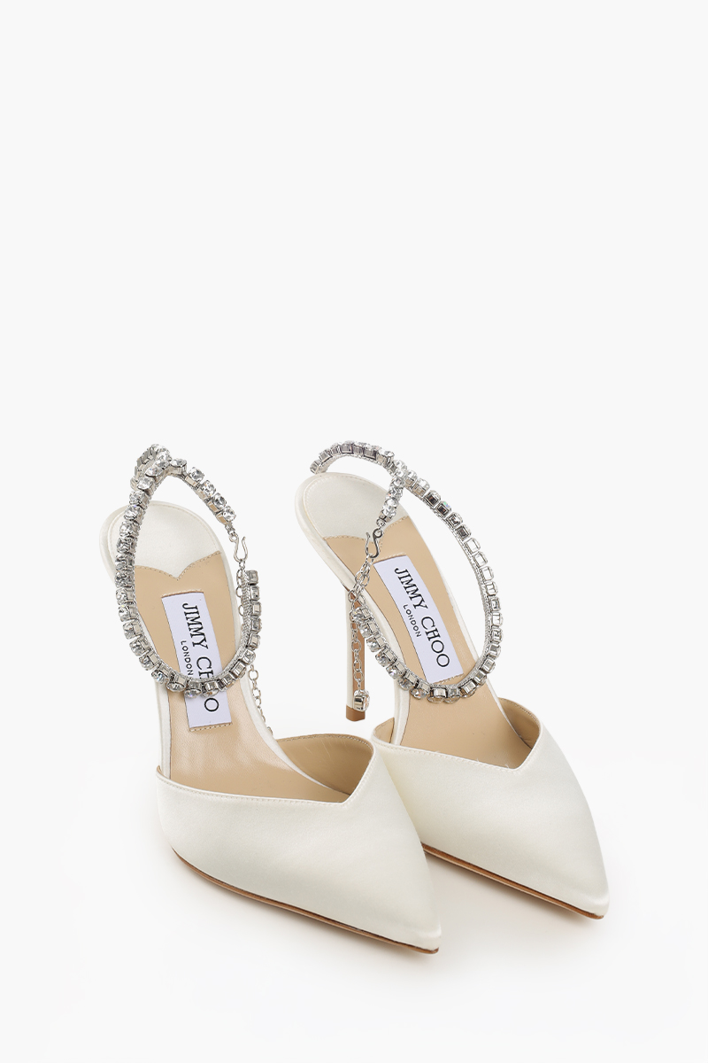 JIMMY CHOO Saeda Ankle Crystal Strap Heels 100mm in Ivory/Crystal Satin 2