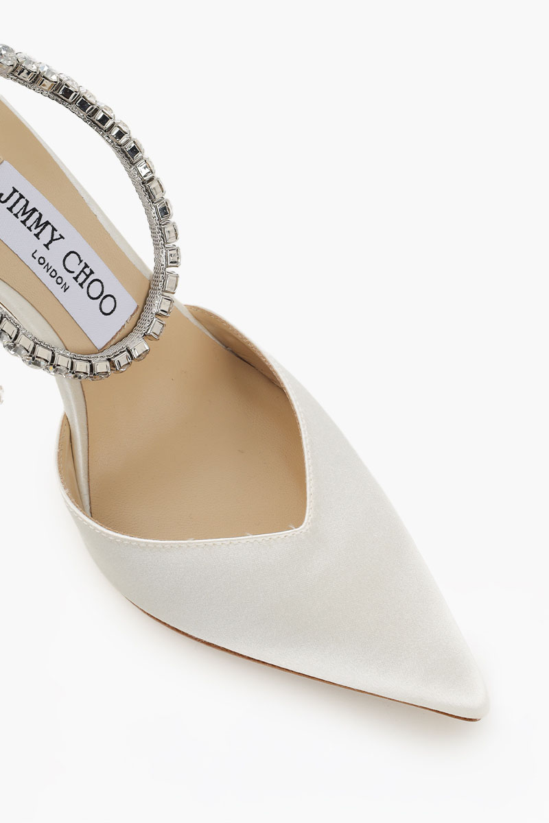 JIMMY CHOO Saeda Ankle Crystal Strap Heels 100mm in Ivory/Crystal Satin 3