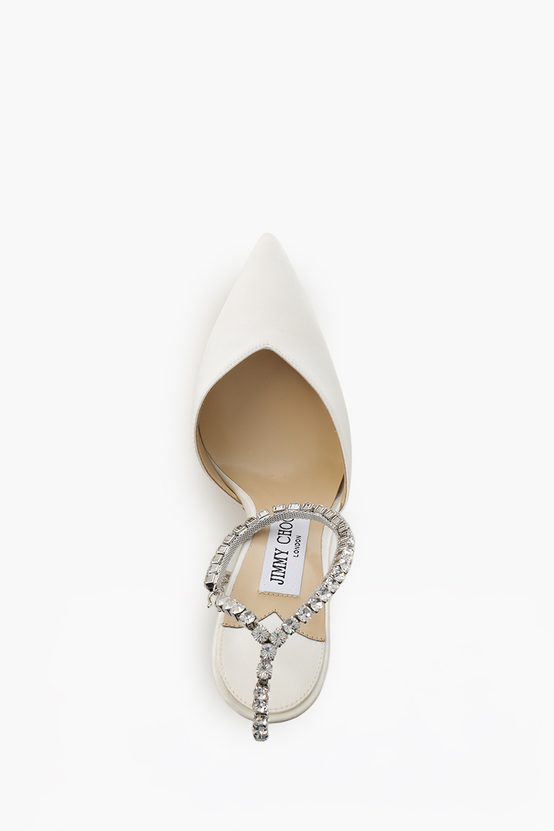 JIMMY CHOO Saeda Ankle Crystal Strap Heels 100mm in Ivory/Crystal Satin 4