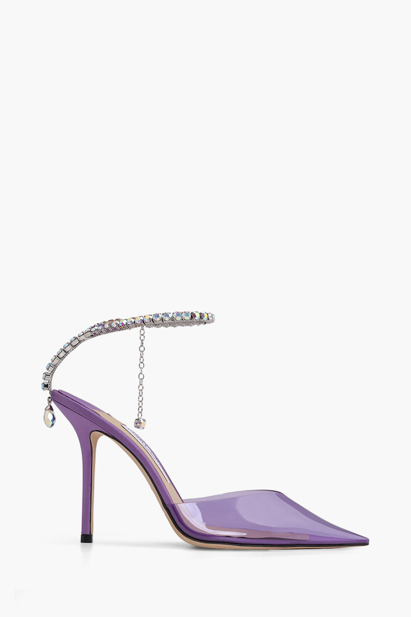 JIMMY CHOO Sarda Ankle Crystal Strap Heels 100mm in Wisteria/Aurora Plexiglass 0