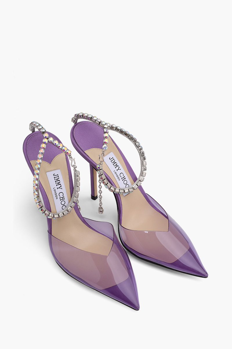 JIMMY CHOO Sarda Ankle Crystal Strap Heels 100mm in Wisteria/Aurora Plexiglass 1