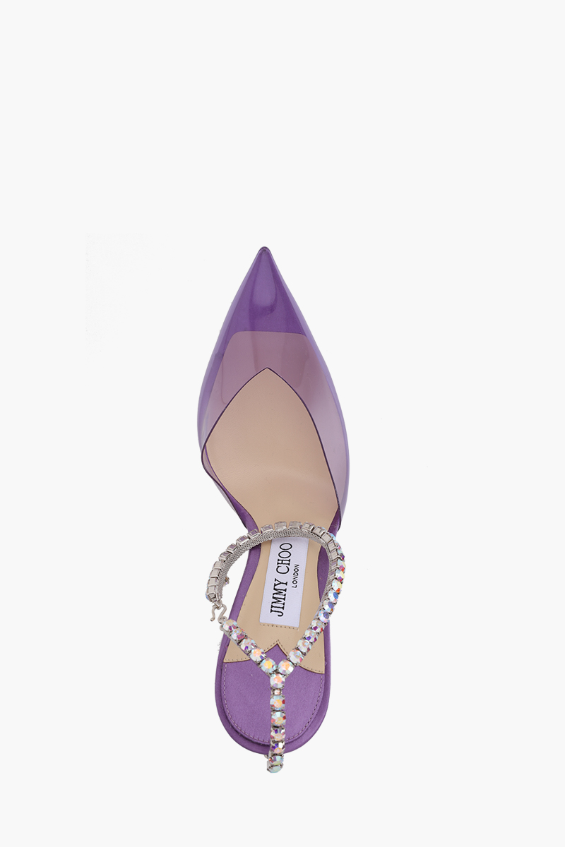 JIMMY CHOO Sarda Ankle Crystal Strap Heels 100mm in Wisteria/Aurora Plexiglass 3