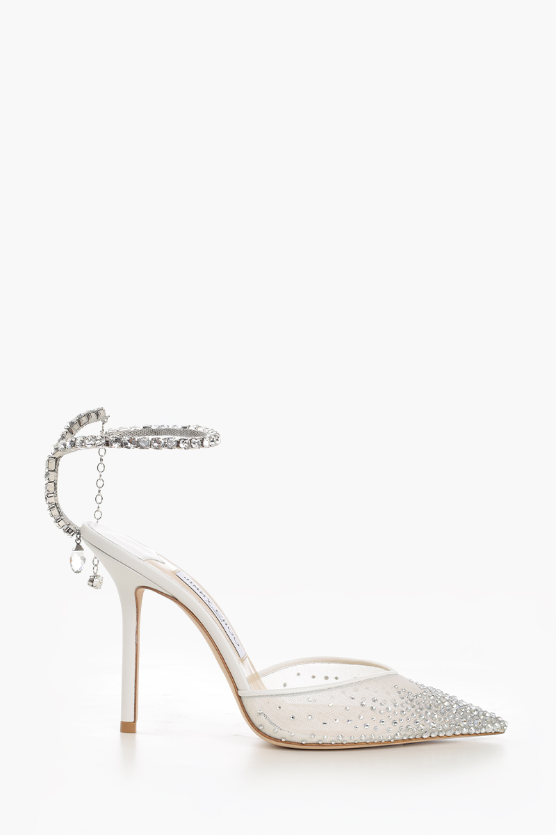 JIMMY CHOO Saeda Ankle Crystal Strap Heels 85mm in White/Crystal Fishnet Adorned with Crystal 0